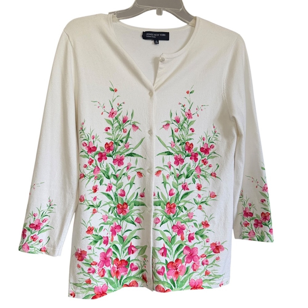 Jones New York Floral Cardigan White Pink Green 3/4 Sleeve M Cottagecore Fairy